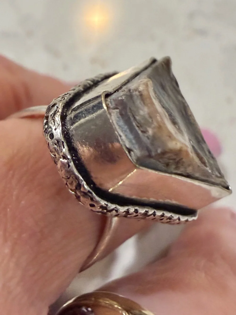 Vintage 925 Sterling Silver Fire Agate Triangle Statement Ring - Size 6